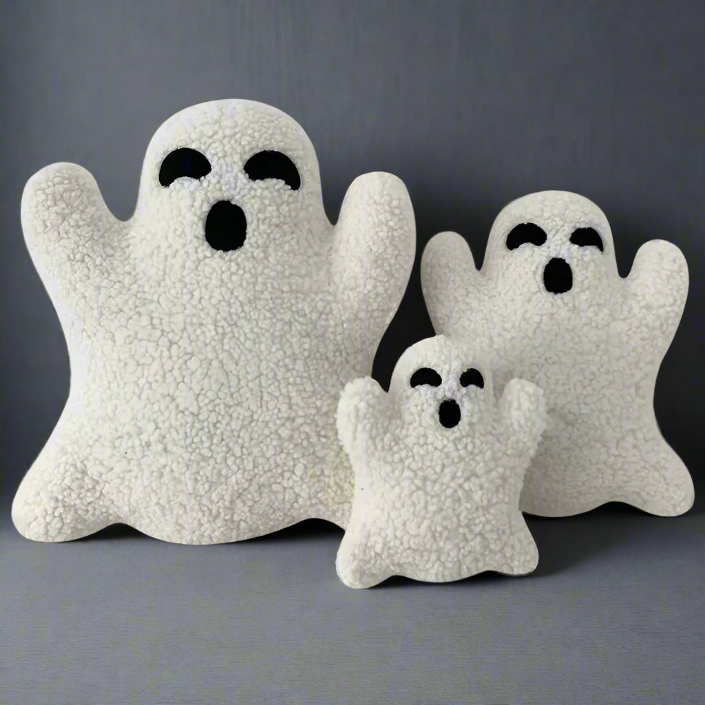 Group of Boo Buddies plushies in three sizes, with friendly ghost faces and soft, fluffy texture, Boo Buddies, Ghost plushie, Cute Halloween decor, Plushies, Soft Toys, Stuffed Toys, Adorable, Cuddly, Kids Toys, Gifts, Teddy Bears.