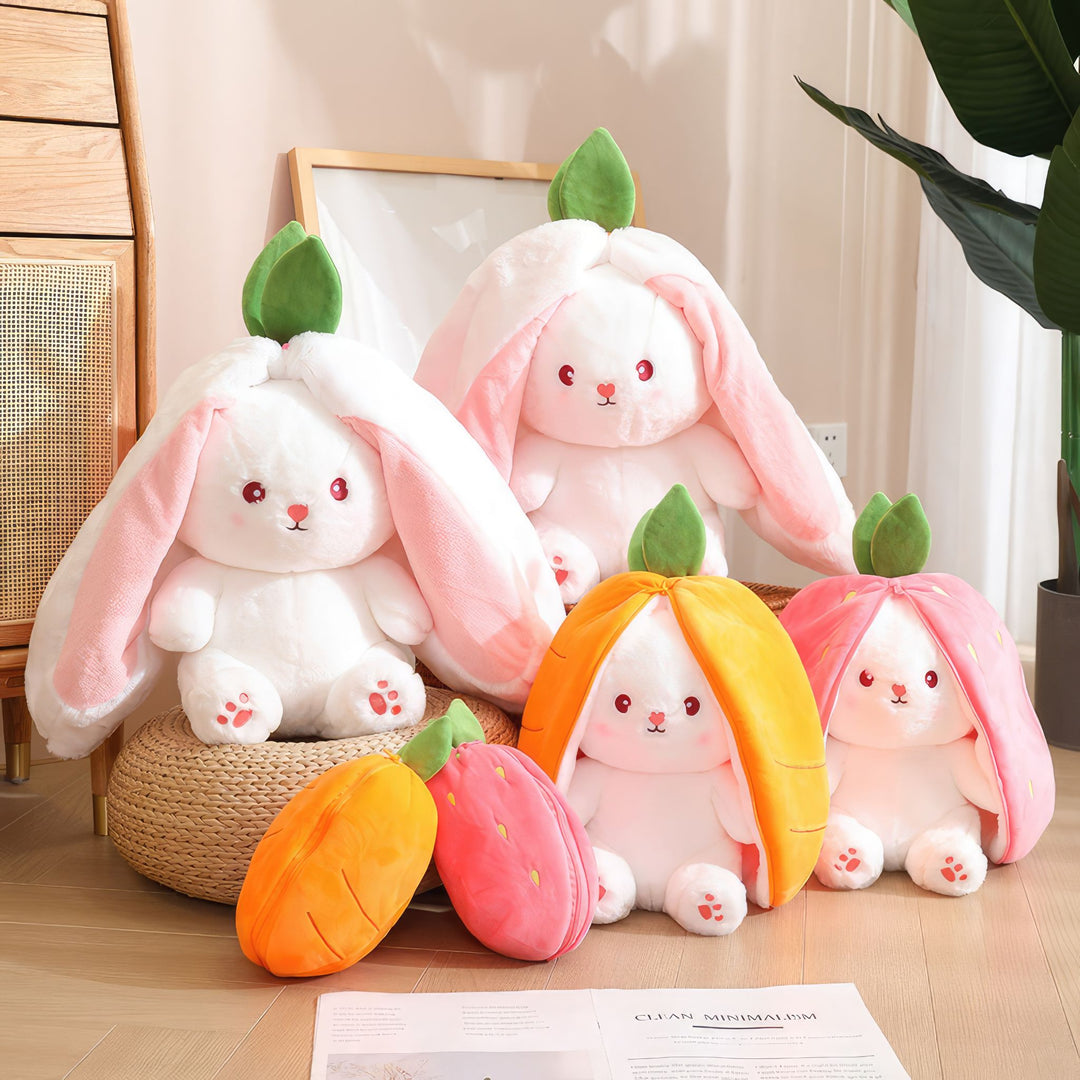 The Bunny Pal plushies family featuring both Carrot Rabbit and Strawbunny variants. The image shows all three sizes of bunnies, with the smallest ones zipped up and the rest unzipped. Bunny Pal, Carrot Rabbit, Strawbunny, Carrot, Strawberry, Plushies, Plush Dolls, Cute Plush, Plush, Soft Dolls, Toy Dolls, Toy, Toys, Squishy, Soft, Stuffed Toys, Premium, Quality, Adorable, Cuddly, Playful, Collectibles, Huggable, Kids Toys, Children's Gifts, Gift Ideas, Teddy Bear