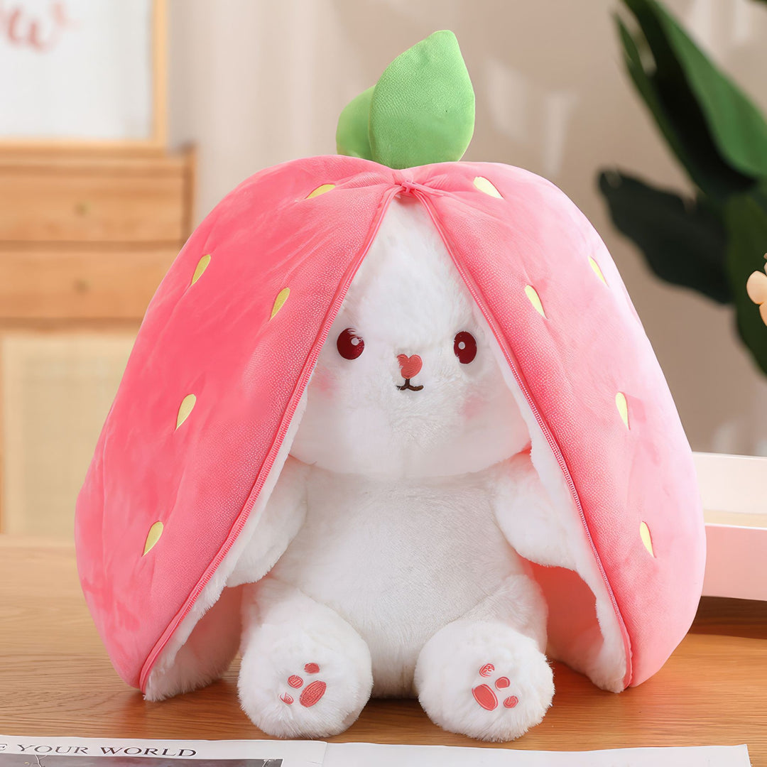 Medium/Large Strawbunny plush variant. The image showcases a Strawbunny plushie with its unzipped body and cute ears. Bunny Pal, Strawbunny, Medium/Large Variant, Plushies, Plush Dolls, Cute Plush, Plush, Soft Dolls, Toy Dolls, Toy, Toys, Squishy, Soft, Stuffed Toys, Premium, Quality, Adorable, Cuddly, Playful, Collectibles, Huggable, Kids Toys, Children's Gifts, Gift Ideas, Teddy Bear