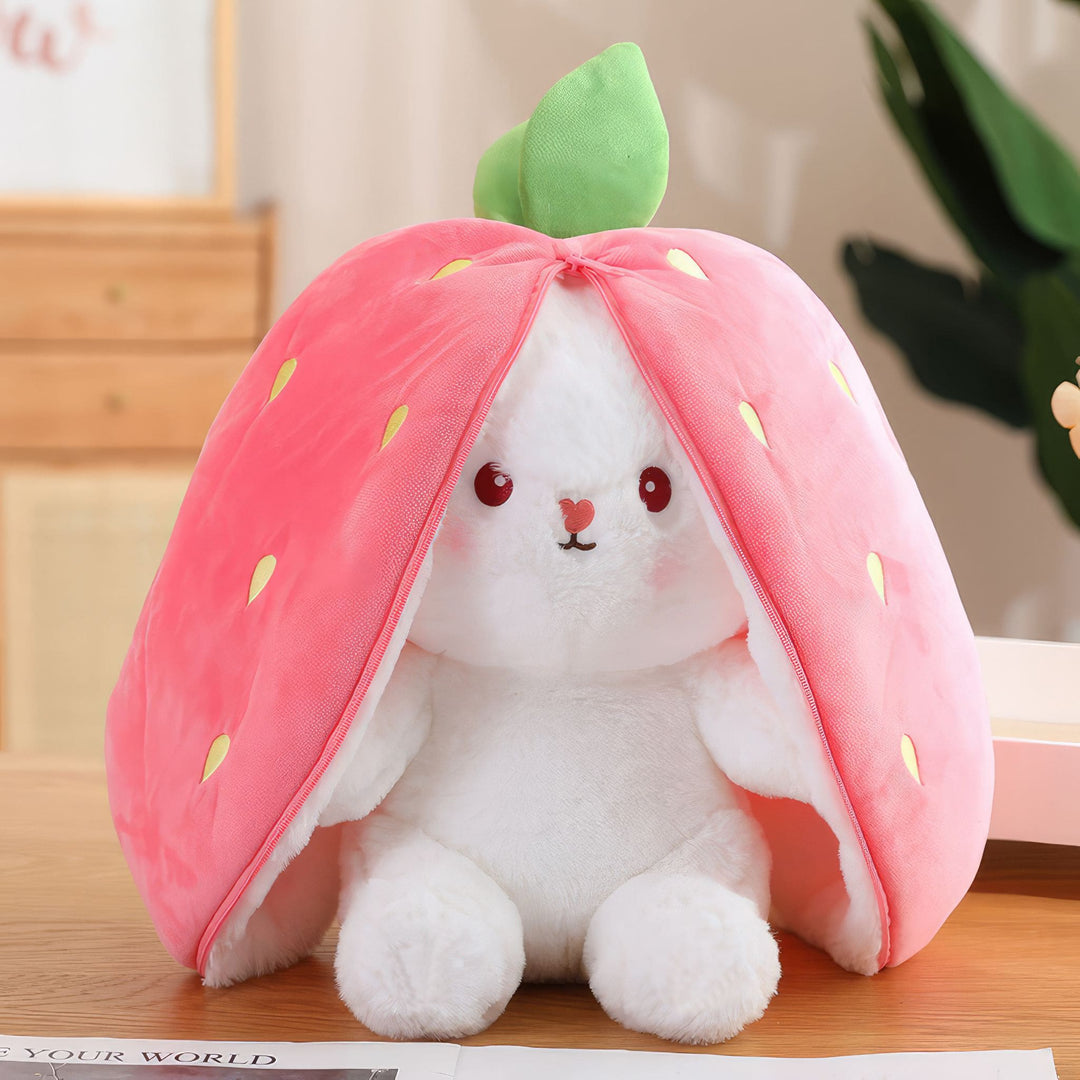 Small Strawbunny plushie. The image showcases a small-sized Strawbunny plushie with its unzipped body and cute ears. Bunny Pal, Strawbunny, Small Size, Plushies, Plush Dolls, Cute Plush, Plush, Soft Dolls, Toy Dolls, Toy, Toys, Squishy, Soft, Stuffed Toys, Premium, Quality, Adorable, Cuddly, Playful, Collectibles, Huggable, Kids Toys, Children's Gifts, Gift Ideas, Teddy Bear