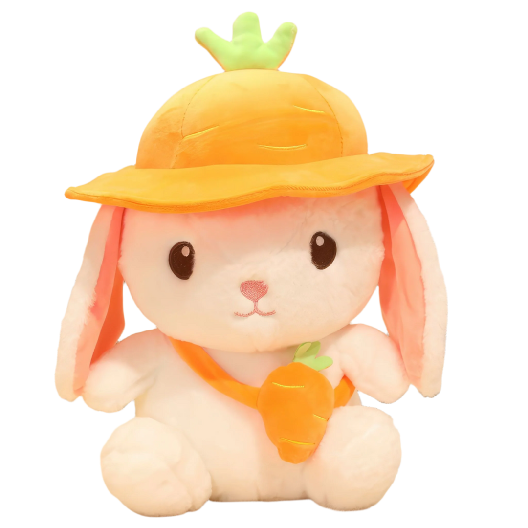 Plush rabbit wearing cute carrot hat and bag! Plushies, Plush Dolls, Cute Plush, Plush, Soft Dolls, Toy Dolls, Toy, Squishy, Soft, Soft Dolls, Bunnies, Rabbits, Bunny Plush, Rabbit Plush, Premium, Quality, Teddy Bear.