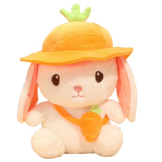 Plush rabbit wearing cute carrot hat and bag! Plushies, Plush Dolls, Cute Plush, Plush, Soft Dolls, Toy Dolls, Toy, Squishy, Soft, Soft Dolls, Bunnies, Rabbits, Bunny Plush, Rabbit Plush, Premium, Quality, Teddy Bear.