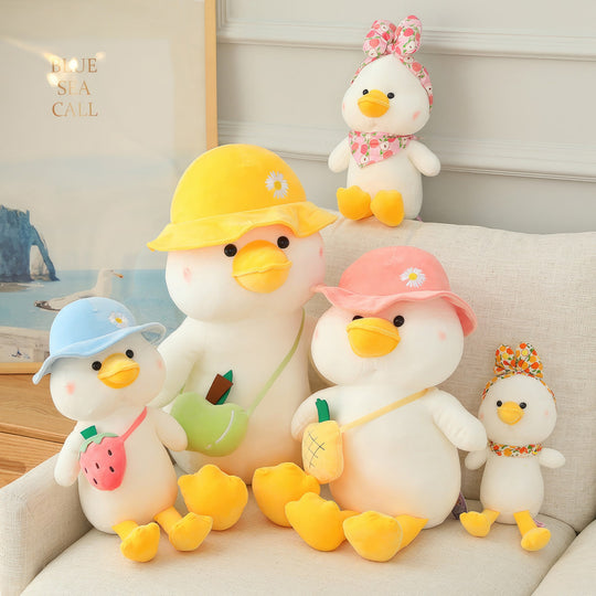 A charming image featuring the Duck Buddies plushie collection. These adorable plushies ducks and come in various colors and styles wearing cute little flower hats with fruit-themed bags. Duck Buddies, Plushies, Collection, Ducks, Soft, Cuddly, Toy, Toys, Squishy, Soft Toys, Stuffed Toys, Plush Toy, Plush Toys, Premium, Quality, Adorable, Cuddly, Playful, Collectibles, Huggable, Kids Toys, Children's Gifts, Gift Ideas, Gifts, Teddy Bear