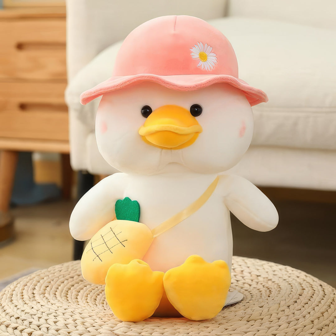 Rosie the duck buddy plushie. Rosie is adorned with a lovely pink hat and holds a pineapple bag. Duck Buddies, Rosie, Plushie, Pink Hat, Pineapple Bag, Soft, Cuddly, Toy, Toys, Squishy, Soft Toys, Stuffed Toys, Plush Toy, Plush Toys, Premium, Quality, Adorable, Cuddly, Playful, Collectibles, Huggable, Kids Toys, Children's Gifts, Gift Ideas, Gifts, Teddy Bear