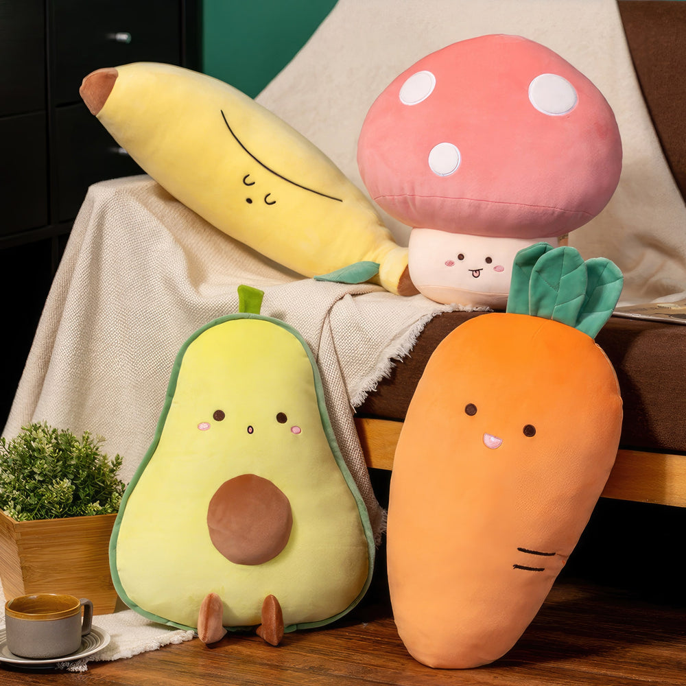 Big green avocado, yellow banana, orange carrot and pink mushroom plushies, with cute cartoon designs! Garden Gang collection, one size, Avocado, Banana, Carrot, Mushroom, Fruit, Berry, Berries, Vegetable, Veggies, Garden, Plushies, Plush Dolls, Cute Plush, Plush, Soft Dolls, Toy Dolls, Toy, Toys, Squishy, Soft, Soft Toys, Stuffed Toys, Plush Toy, Plush Toys, Premium, Quality, Adorable, Cuddly, Playful, Collectibles, Huggable, Kids Toys, Children's Gifts, Gift Ideas, Gift, Gifts, Plush, Teddy Bear