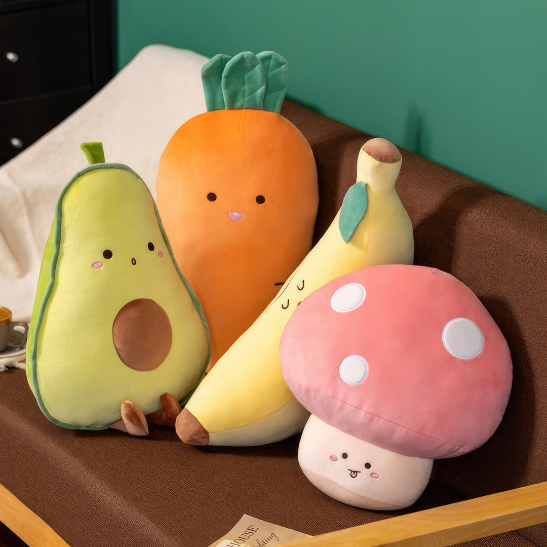 Big green avocado, yellow banana, orange carrot and pink mushroom plushies, with cute cartoon designs! Garden Gang collection, one size, Avocado, Banana, Carrot, Mushroom, Fruit, Berry, Berries, Vegetable, Veggies, Garden, Plushies, Plush Dolls, Cute Plush, Plush, Soft Dolls, Toy Dolls, Toy, Toys, Squishy, Soft, Soft Toys, Stuffed Toys, Plush Toy, Plush Toys, Premium, Quality, Adorable, Cuddly, Playful, Collectibles, Huggable, Kids Toys, Children's Gifts, Gift Ideas, Gift, Gifts, Plush, Teddy Bear