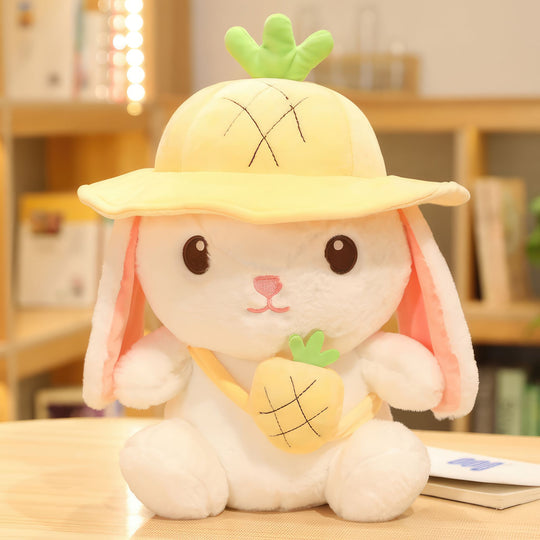 Plush rabbit wearing cute pineapple hat and bag! Plushies, Plush Dolls, Cute Plush, Plush, Soft Dolls, Toy Dolls, Toy, Squishy, Soft, Soft Dolls, Bunnies, Rabbits, Bunny Plush, Rabbit Plush, Premium, Quality