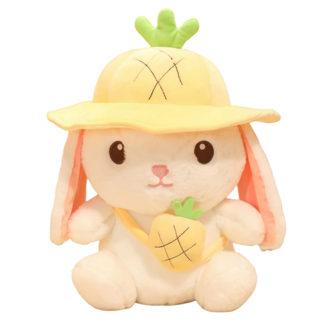 Plush rabbit wearing cute pineapple hat and bag! Plushies, Plush Dolls, Cute Plush, Plush, Soft Dolls, Toy Dolls, Toy, Squishy, Soft, Soft Dolls, Bunnies, Rabbits, Bunny Plush, Rabbit Plush, Premium, Quality, Teddy Bear.