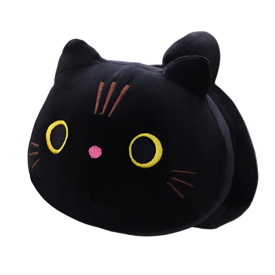 Black Purr Pal plushie showing its round, soft shape, perfect for snuggles, Purr Pals, Black, Cat plushie, Small, Medium, Large, Jumbo, Mega sizes, Plushies, Cute Plush, Soft Toys, Stuffed Toys, Adorable, Cuddly, Huggable, Kids Toys, Gifts, Teddy Bear.