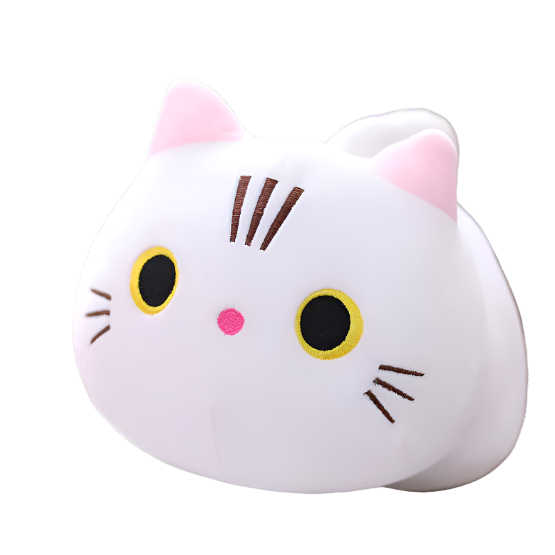 White Purr Pal plushie with a cute expression in front view, Purr Pals, White, Cat plushie, Small, Medium, Large, Jumbo, Mega sizes, Plushies, Cute Plush, Soft Toys, Stuffed Toys, Adorable, Cuddly, Huggable, Kids Toys, Gifts, Teddy Bear.