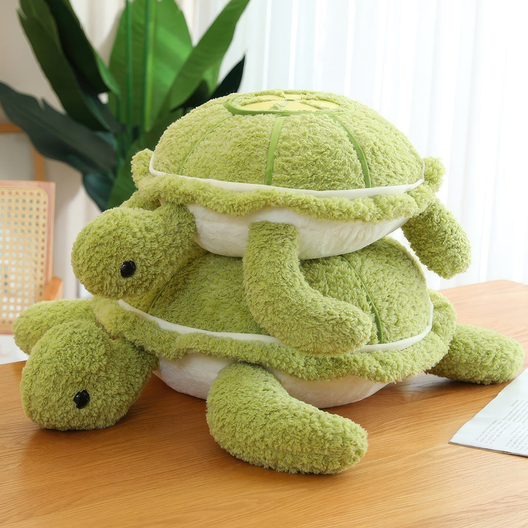 Two Snuggle Turtle plushies, one on top of the other. They are cuddly and feature adorable turtle designs. Snuggle Turtle, Plushies, Stacked, Turtle, Soft, Cuddly, Toy, Toys, Squishy, Soft Toys, Stuffed Toys, Plush Toy, Plush Toys, Premium, Quality, Adorable, Cuddly, Playful, Collectibles, Huggable, Kids Toys, Children's Gifts, Gift Ideas, Gifts, Teddy Bear
