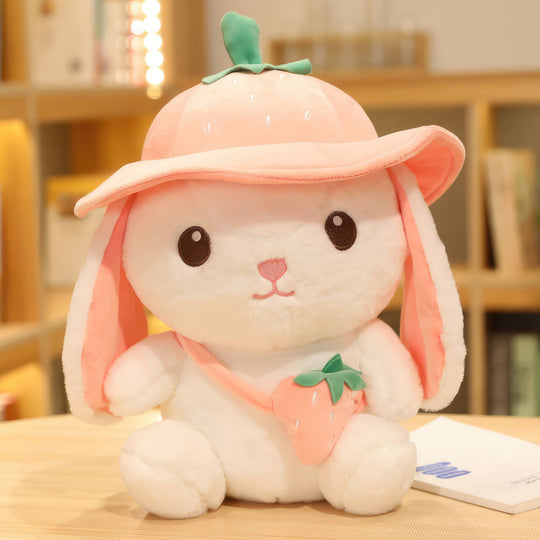 Plush rabbit wearing cute strawberry hat and bag! Plushies, Plush Dolls, Cute Plush, Plush, Soft Dolls, Toy Dolls, Toy, Squishy, Soft, Soft Dolls, Bunnies, Rabbits, Bunny Plush, Rabbit Plush, Premium, Quality
