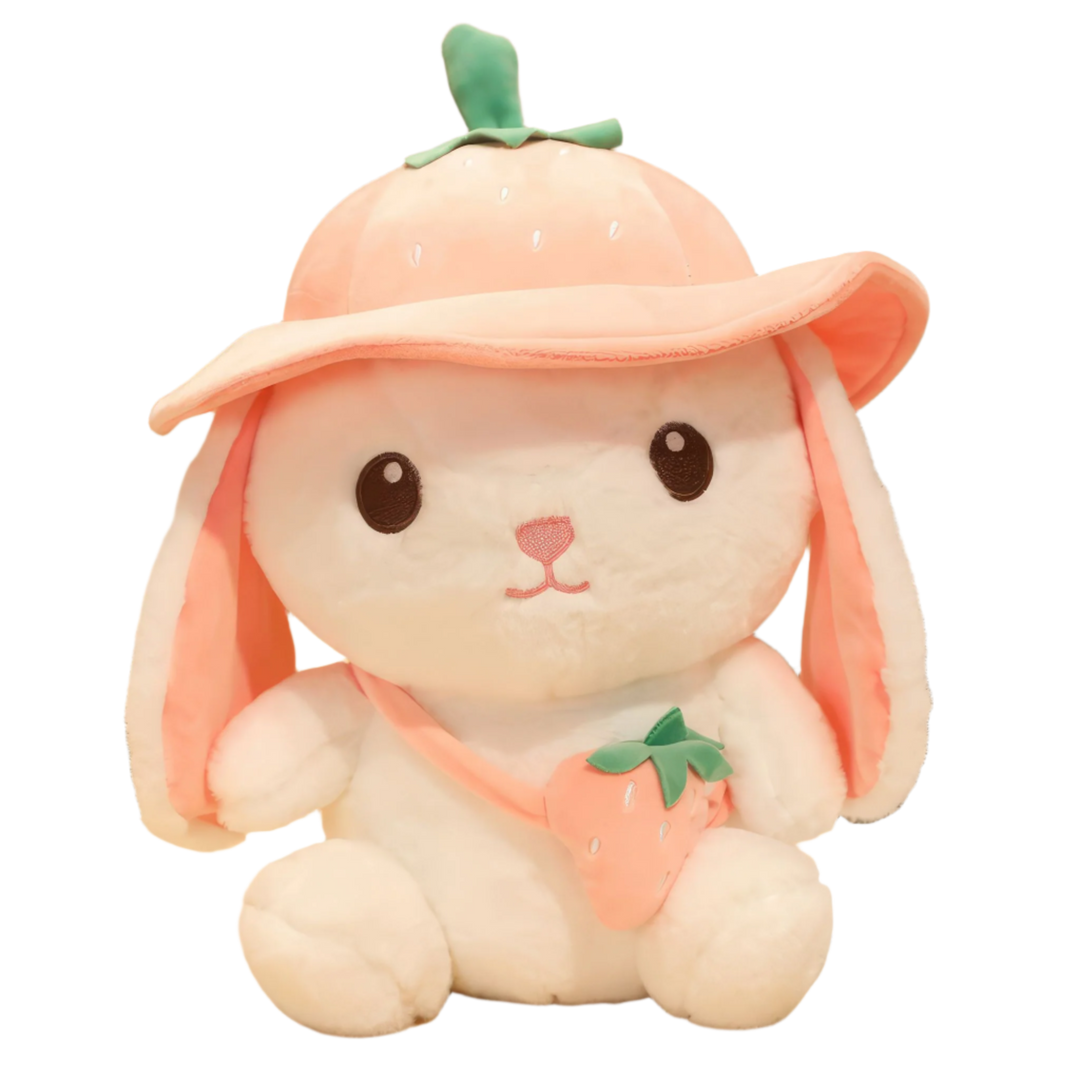 Plush rabbit wearing cute strawberry hat and bag! Plushies, Plush Dolls, Cute Plush, Plush, Soft Dolls, Toy Dolls, Toy, Squishy, Soft, Soft Dolls, Bunnies, Rabbits, Bunny Plush, Rabbit Plush, Premium, Quality, Teddy Bear.