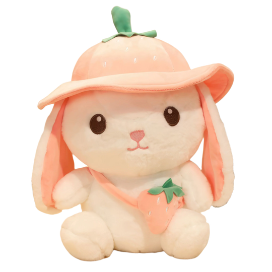 Plush rabbit wearing cute strawberry hat and bag! Plushies, Plush Dolls, Cute Plush, Plush, Soft Dolls, Toy Dolls, Toy, Squishy, Soft, Soft Dolls, Bunnies, Rabbits, Bunny Plush, Rabbit Plush, Premium, Quality, Teddy Bear.